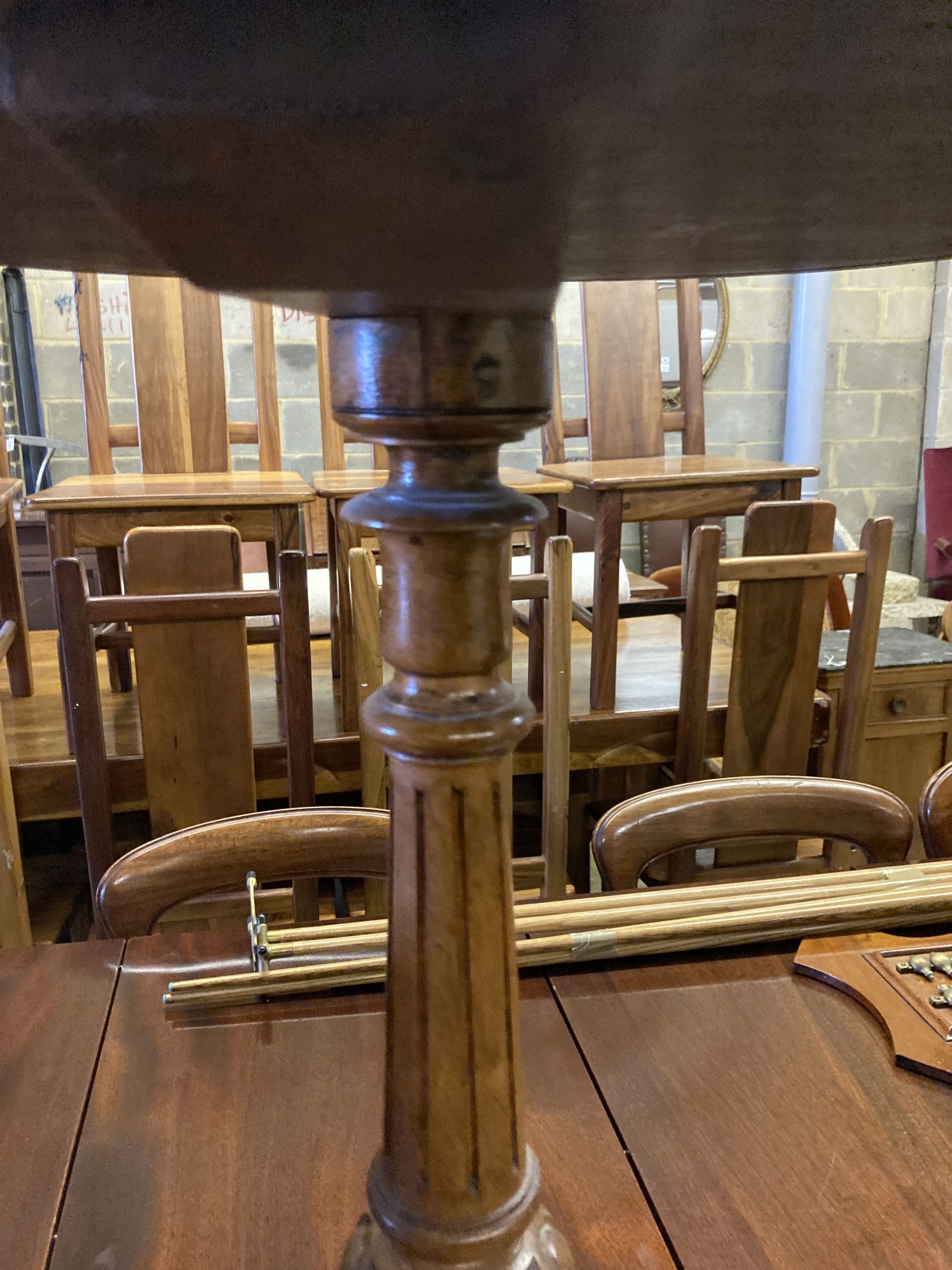 A Victorian burr walnut circular tripod wine table, 48cm diameter, height 70cm and an Edwardian satinwood banded salon chair